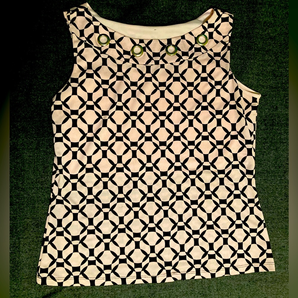 Retro Mod Style Tank with 4 silver eyelets black&pink geometric circle pattern